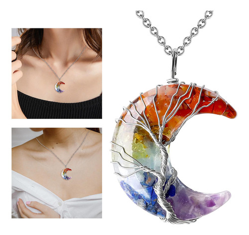 V Collar Luna Joyas Reiki Piedras Envueltas 7 Chakras