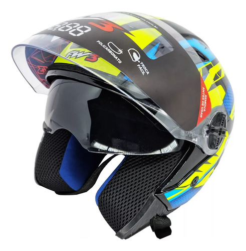 Capacete Moto Aberto X Open Up Fox Fw3 Oculos Interno Full