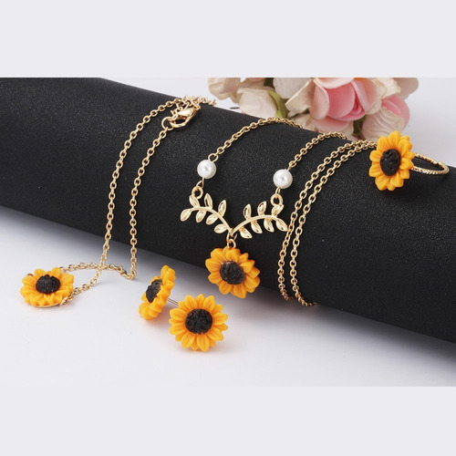 Conjunto De Collar, Aros Y Brazalete P/mujer, Diseño Girasol