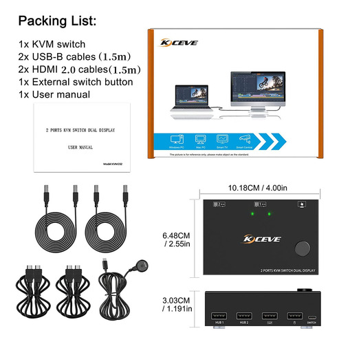 Conmutador Kvm De Doble Monitor Hdmi 2 Puertos 4k A 30 Hz, C