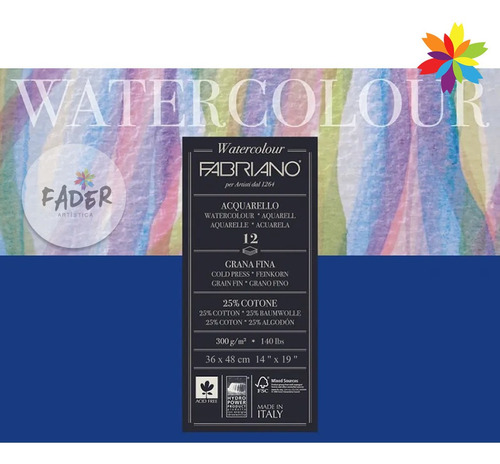 Block Fabriano Watercolor 300grs. 12 Hojas 25% Algodon 36x48