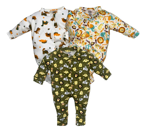 Kit 3 Pcs Macacão De Bebê Suedine Estampado Algodão