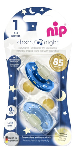 Nip Chupete Cherry Night Pack X 2. Tamaño 1. Azul