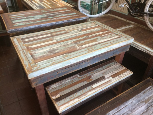 Mesa Rustica De Pinotea Vintage + 2 Bancos Combinados