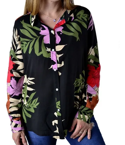 Camisa Negra Flores Mujer The Big Shop