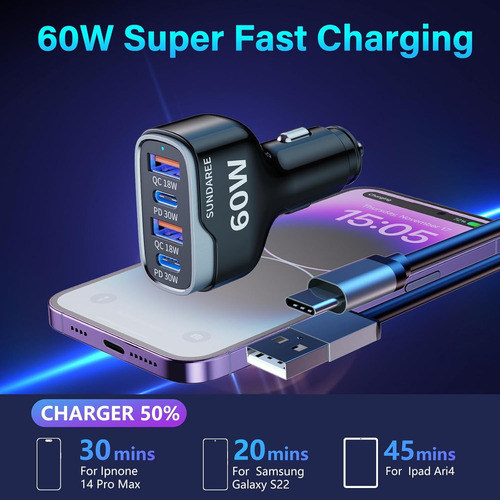 Cargador Rápido Usb-c De 4 Puertos Para Coche Con Enchufe, A