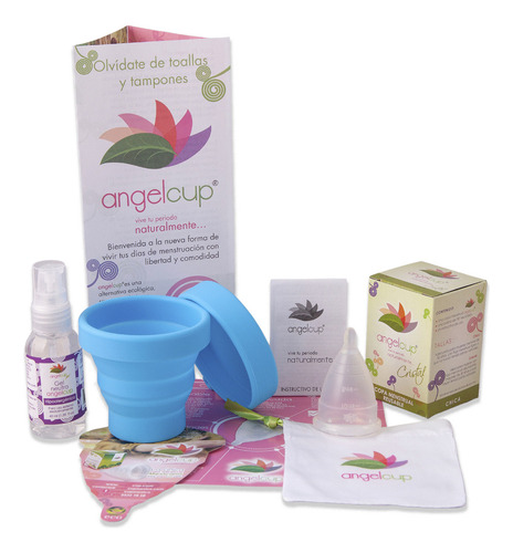 Copa Menstrual Angelcup De Silicona Certificada Color Cristal Talla Chica Con Vaso Esterilizador Azul Y Jabón En Gel 40ml Cristal Chica + Vaso Azul + Gel Bolsillo Grande
