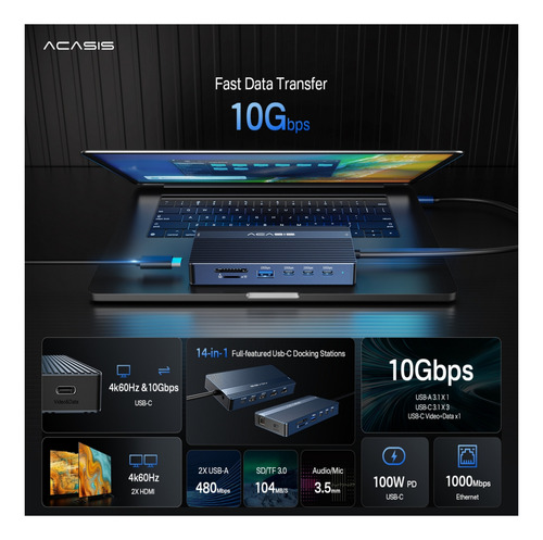 Hub Usb-c 14 Em 1 Com 3 Usb-c 10gbps 2 Hdmi 1 Usb-c 4k 60hz