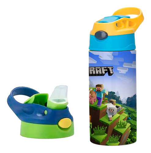Termo Infantil Minecraft Acero Inoxidable 355ml Vaso Niño #7 Amarillo Con Azul Tapa