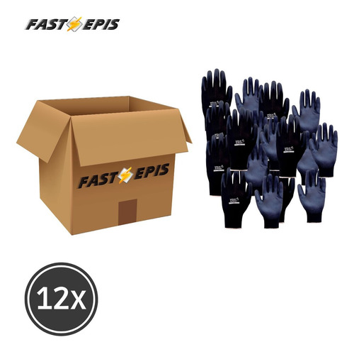 Kit 12 Pares Luva Tátil Volk Em Nylon Com Banho Pu Preta