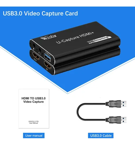 Wiistar - Tarjeta Usb De Captura De Audio Y Vídeo 1080p60fps Hdmi A Usb3.0 Dispositivo De Captura De Vídeo Yuy2 Con Micrófono 4k30hz Hdmi Loopout Para Grabación De Juegos En Vivo Ps4 Compatible Con