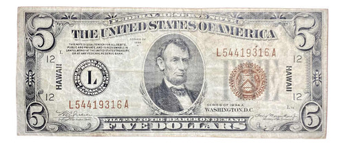 Billete 5 Dólares Hawaii 1934 Pick 38 Estados Unidos Raro