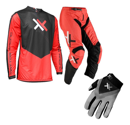 Conjunto Mattos Racing Atomic Vermelho + Luva Cinza Trilha 