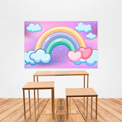 Fondo De Tela Telon Lluvia De Amor Arcoíris Nubes Y Corazon