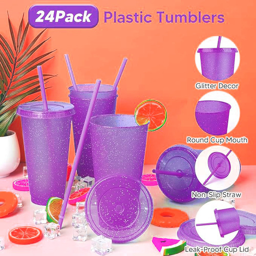 10 Vasos Reutilizables Plástico 710 Ml C/tapa Y Popote