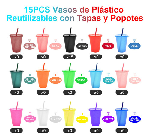 15vasos Mágicos Reutilizables Plástico 16oz C/tapa Y Popote Negro