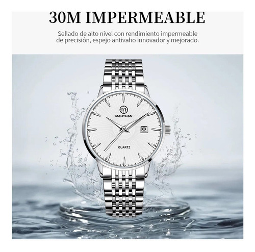 Reloj De Cuarzo Para Hombre Quartz watch My-003 Deportivo Impermeable Funci Correa Plateado Bisel Plateado Fondo Blanco