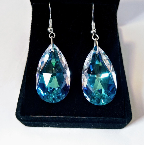 Brinco Em Prata Com Gota Swarovski Blue Boreal 28mm