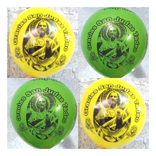 100 Globos De Látex # 12 San Judas Tadeo 5 Caras 30 Cm Color Amarillo Y Verde