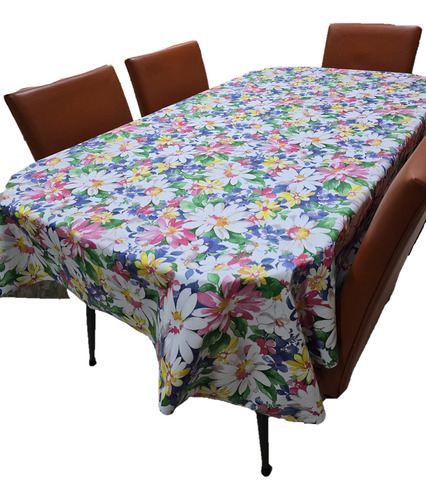 Mantel Mesa Rectangular 1.4x4m Impermeable Cuerina Afelpada Margaritas Multicolor