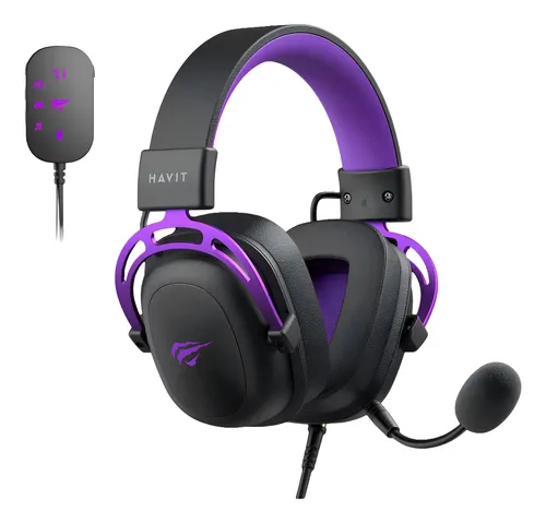 Headset Gamer Havit H2002c+u Preto E Roxo Led 53 Mm - 7.1 Preto E Roxo