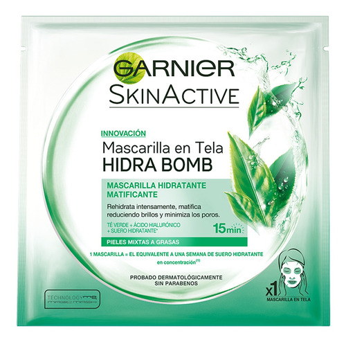 Imagen 1 de 7 de Mascarilla En Tela Garnier Skin Active Green Tea Hidra Bomb