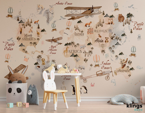 Imagen 1 de 2 de Vinilos Decorativos Mural Infantil Mapa Animales Beige Avion
