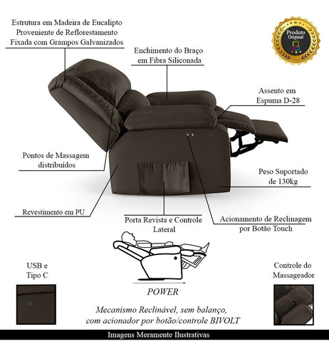 Poltrona Papai Reclinável Power Touch Massagem Usb Pu Marrom
