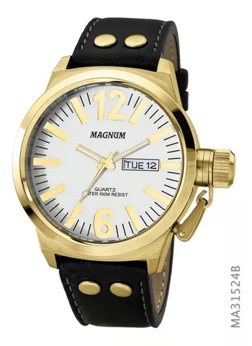 Relógio Magnum Masculino Couro Marrom Original Nota Fiscal Cor Do Bisel  Dourado Cor Do Fundo Preto