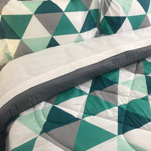 Imagen 2 de 4 de Plumón Queen Estampado +2 Fundas Triangulos Verdes