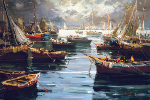 Pintura Cuadro.  Caleta De Pescadores Roberto Minder