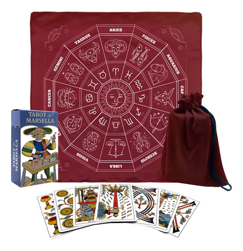 Tarot Marsella Español + Tapete + Morral Mod Zodiacal Vino