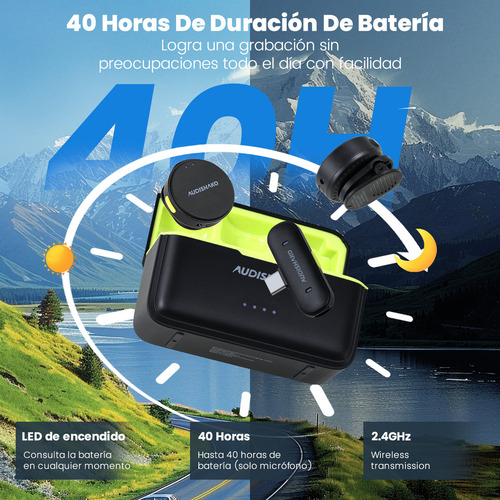 Micrófono Inalámbrico Solapa Audishako Mic-M2 Para Combo Color Negro, Para Iphone/Android/Cámara/Pc, Mini Micrófono De Lavalier, Filtro De Voz, Cancelación De Ruido, Batería De 40h Para Grabación Vlog