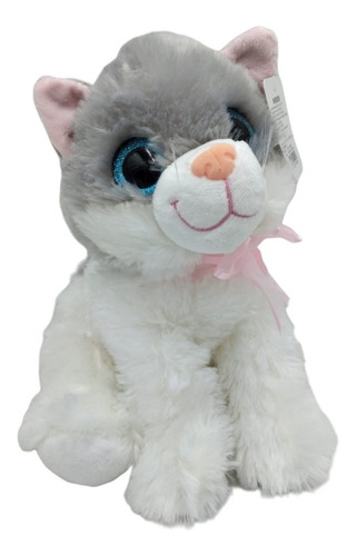 Peluche De Gato Blanco Con Gris De Ojos Grandes, 27cm