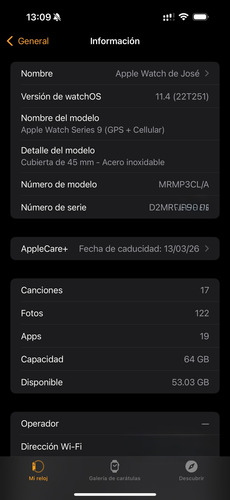 Apple Watch Series 9 Acero Inoxidable 45 Mm Applecare+ Plateado Azul Oscuro Plateado (Usado)