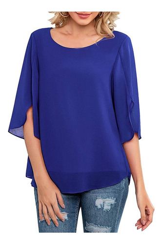 Blusa De Gasa Con Cuello Redondo Y Manga 3/4 For Mujer