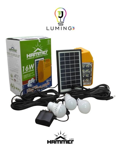 Estación Solar Hammer 16w 8 Led 3 Bulbos Led Con 2 Usb Mp3