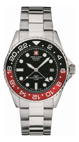 Reloj Swiss Alpine Military Master Diver Gmt 7052.1136sam Malla Plateado Bisel Negro Y Rojo Fondo Negro