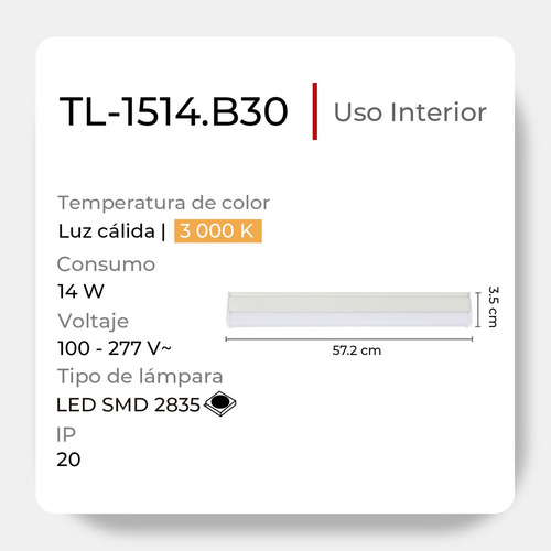 Luminario Lineal Led Para Sobreponer En Techo Tl-1514.b30 Estructura Luz Cálida 3000K