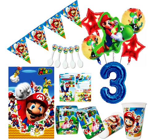 Kit Decoración Super Mario Bros Para 12 Niños + Obsequio