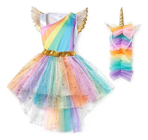 Vestido De Unicornio Arcoíris Para Niña, Vestido B Bordado P