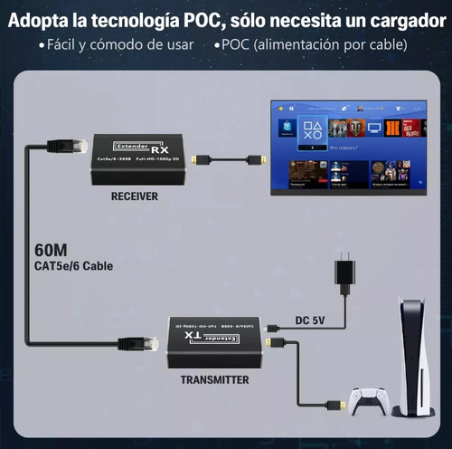 Extensor De Hdmi Adaptador Cat5e/6/7 60m Full Hd 1080p 3d