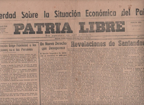 Diario * Patria Libre * Nº 2 Unico De Julio De 1952