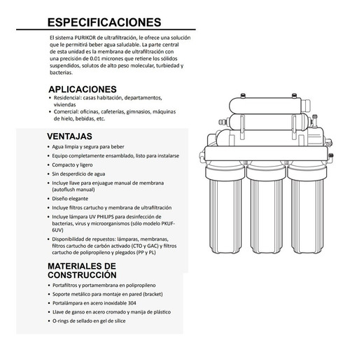 Imagen 2 de 2 de Purificador De Agua Ultrafiltracion Purikor, 6 Etapas Luz Uv