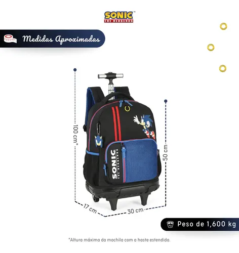 Mochila Rodinhas Sonic Escolar Juvenil Grande Luxcel Cor Preto