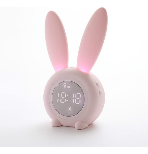 Reloj Recargable Conejo Rosa De Silicón Luz Nocturna Alarma