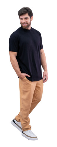 Camiseta Masculina Gola Média Canelada Preta Gola Alta
