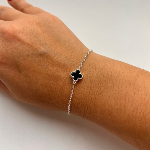 Pulseira Feminina De Prata 925 Trevo Com 9mm Unissex Comprimento 19.5 Cm Cor Onix Diâmetro 19.5 Cm