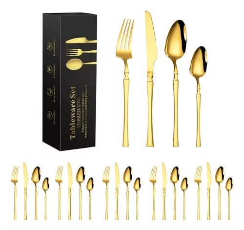 Faqueiro Aço Luxo Inox 24 Peças Com Cintura Fina Dourado