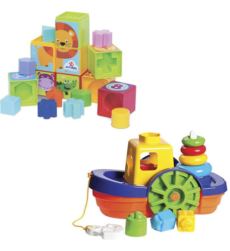 Kit De Brinquedos Educativos Barco + Cubinhos 5 Em 1